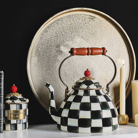 Iconic Black & White Courtly Check Enamel Tea Kettle by Mackenzie-Childs 2.84L